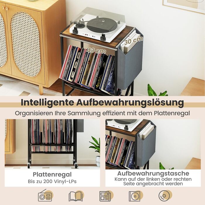 COSTWAY Регулятор для платівки, полиця для платівок з місцем для зберігання вінілу та журналів, підставка для платівок з фіксуючими колесами, приліжкова тумбочка для вітальні, спальні (колір: коричневий)