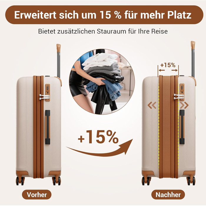 Чемодан ручної поклажі KONO з тримачем для напоїв, жорсткий, легкий, з поліпропілену, розширюваний, з 4 колесами та TSA замком (кремовий/коричневий, XL)