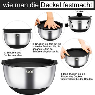 Набір мисок для перемішування (6 шт.) з нержавіючої сталі, набір салатників з кришкою та силіконовим дном, 3 насадки-тертки, об'єм 4.7л/3.8л/2.8л/1.9л/1.4л/0.6л, неслизькі та стіксові - (Чорний)