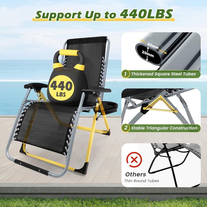 Шезлонг для відпочинку, розкладний, широка спинка 72 см, для саду, патіо, пляжу, басейну, з подушкою, 200 кг (Світло-сірий)