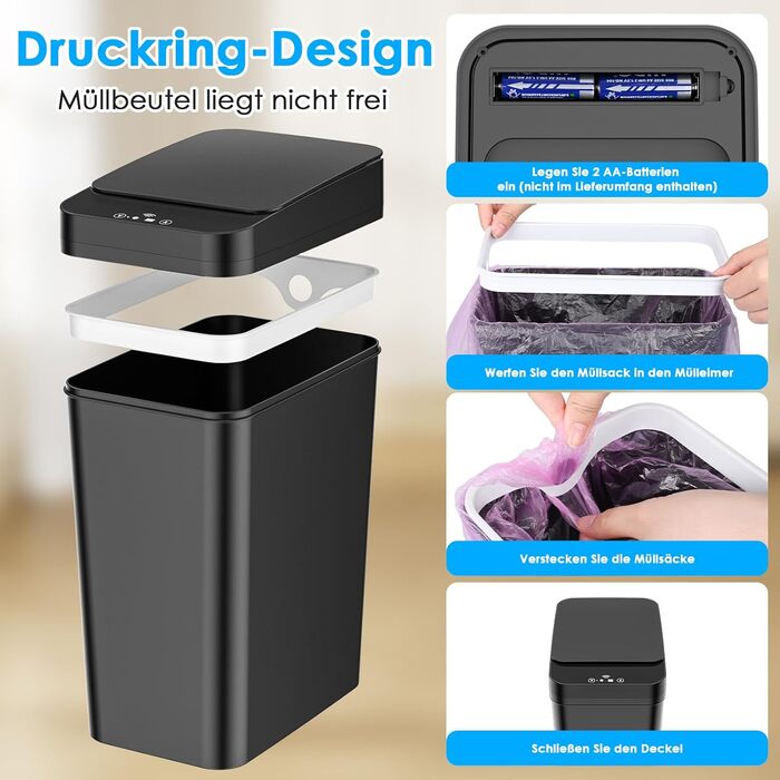 Набір сміттєвих відер Dreamhigh 2 шт. з сенсором, 15L та 12L, електричні, з автоматичним відкриванням кришки, смарт-відра з 3 режимами відкривання, тихі та водонепроникні для кухні, ванної, офісу, вітальні, чорного кольору