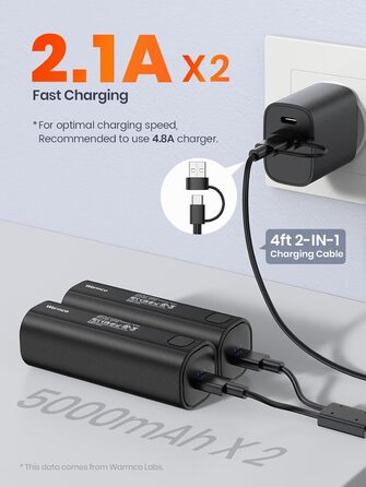 Електричний грілка для рук Warmco 2 шт., 10000mAh, USB Powerbank, 3 рівні нагріву, для чоловіків та жінок, Outdoor, Гольф, кемпінг, чорний