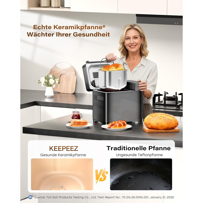 Преміум хлібопекарка Konvektions-Brotbackautomat 710W з керамічною формою, 17 функцій, диспенсер для горіхів, сталь, чорна