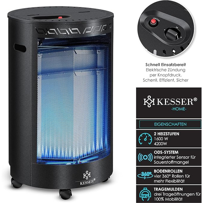 Газовий обігрівач KESSER 4200 Вт, керамічний інфрачервоний, з редуктором і шлангом, для бутану/пропану, з чохлом, чорний(Газовий балон не входить у комплект)