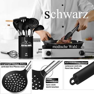 Набір кухонних помічників, 26 предметів: силіконове кухонне приладдя, посуд, стійкий до нагрівання, з тримачем, антипригарний, з нержавіючою ручкою, придатний для миття в посудомийній машині (чорний)