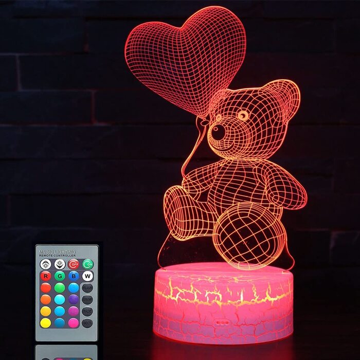 Нічник SNOMYRS з 3D ведмедем на День Святого Валентина, 16 кольорів, 3D лампа для оптичної ілюзії, ведмідь для дітей і пар, що змінює колір, акриловий світлодіодний нічник, подарунок на День Святого Валентина, ведмідь з повітряною кулею