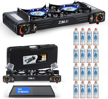 Преміум газовий набір для кемпінгу ZMC 2-flammig: плита, гриль та 16 картушів | 2,5 кВт, Piezo-запалювання, транспортний кейс | Для відпочинку на природі, балкону та дому