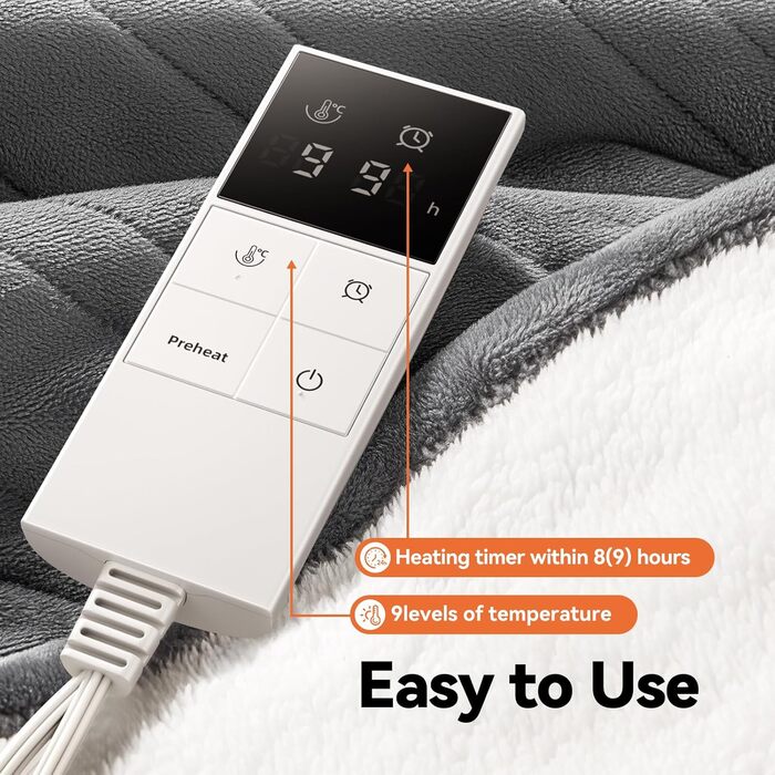 Електрична ковдра з автовимкненням та 9 зон нагріву 200x180 см, таймер 1-9 год з функцією пам'яті, швидкий нагрів та рівномірний розподіл тепла, двостороння фланель та штучне хутро
