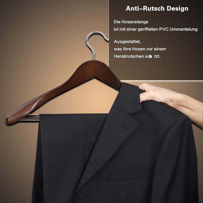 10 дерев'яних плечиків для костюмів: широкі, з неслизьким покриттям, поворотний гачок 360° - ідеально для сорочок, пальто, курток, штанів (горіх, преміум-якість)