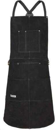 Шкіряний фартух для зварювальника LeaSeek з 6 кишенями, термостійкий та вогнестійкий, великий розмір 42' x 36', з рукавичками (чорний)
