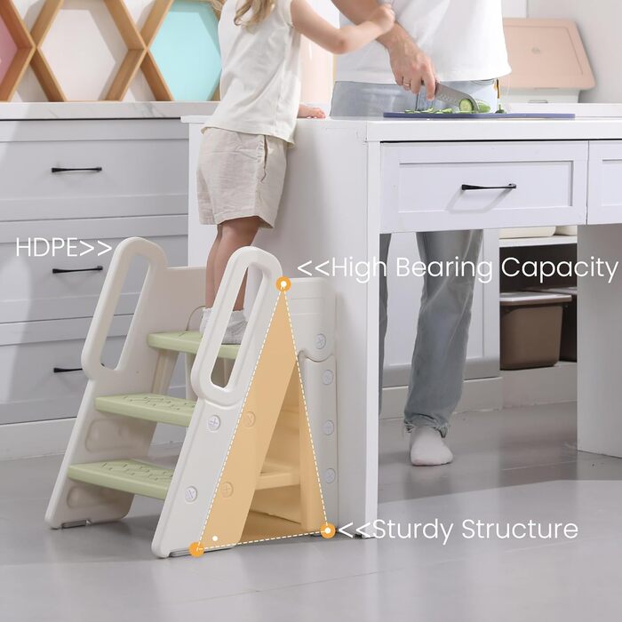Триттхокер Hoopyosms для дітей, 2/3-рівневий, регульована висота, складний, з поручнями, антиковзкий, для ванної та кухні, піднімна драбинка для малюків (Класичний, Зелений)