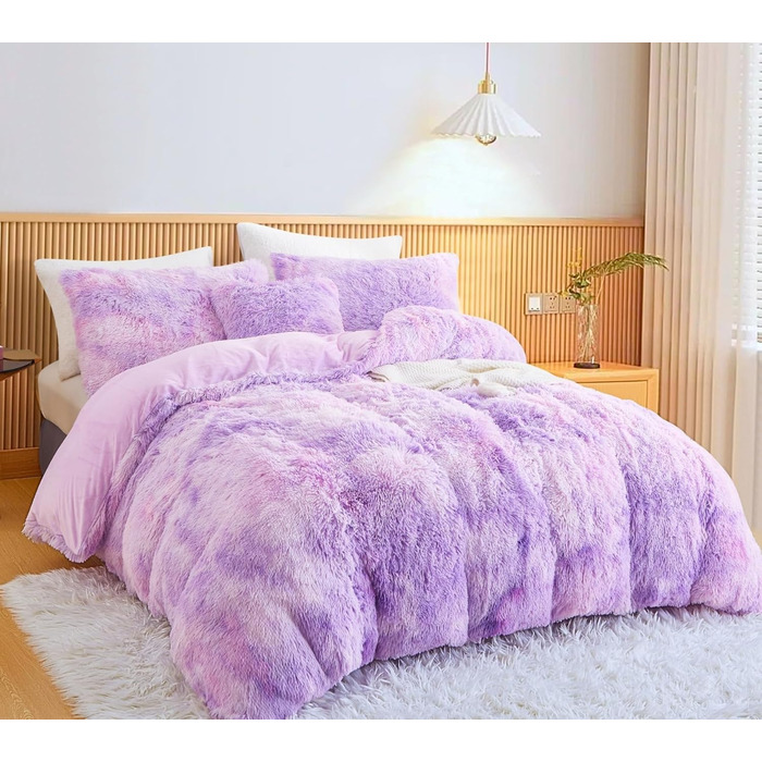 Комплект постільної білизни Menkala Plush 155x220 Tie Dye Purple, Пухнастий, з наволочкою 80x80 см