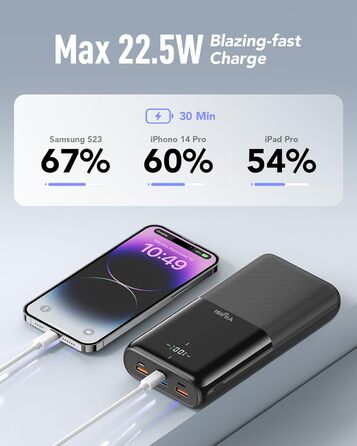 Вт PD, USB C, LED-дисплей, 4 виходи, 3 входи, сумісний з багатьма пристроями, 30000mAh, 20