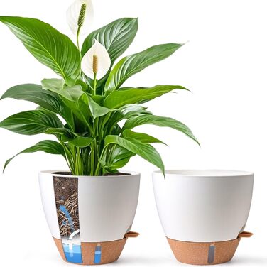 Набір 4 самополивні горщики для квітів T4U з індикатором рівня води, легкі у догляді, великі (30 см, білий)