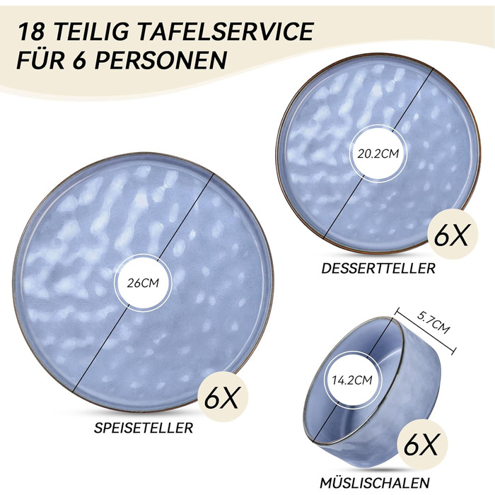 Онадер 18 шт. Столовий сервіз з керамограніту на 6 осіб, можна мити в посудомийній машині та мікрохвильовій печі - Serenity Blue