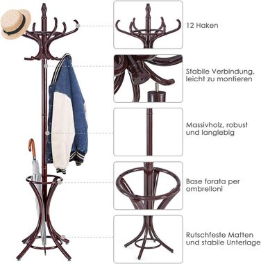 Стойка для одягу Giantex з підставкою для парасольки, дерев'яна, 12 гачків, для передпокою/вітальні (колір: коричневий)
