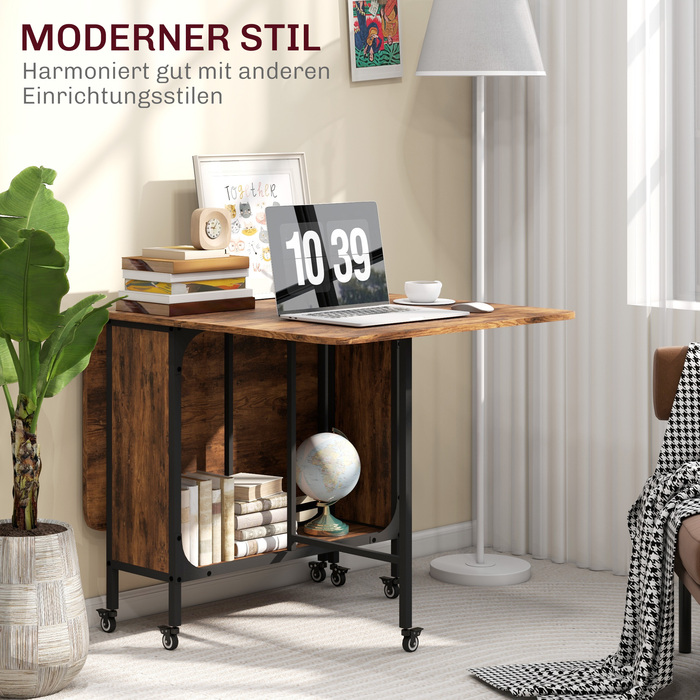 Розкладний обідній стіл, мобільний розкладний стіл на 6 осіб, з полицею, витримує до 50 кг, розміри 130 x 80 x 74 см, темно-коричневий