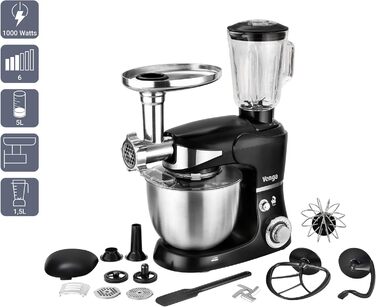 Кухонна машина Venga VG M 3014 з чашею 5 л з нержавіючої сталі, 1000 Вт, 4 насадки, рецепти, чорний колір