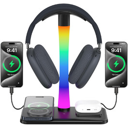 Підставка для навушників з бездротовим зарядним пристроєм, RGB-підсвічуванням, сумісна з Airpod Max, Airpod Pro/3/2, iPhone 16/15/14/13/12/11, Samsung, ідеальний подарунок для геймерів, чорний колір