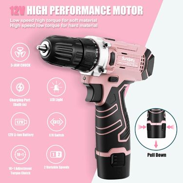 Набір інструментів Sundpey 206 предметів з акумуляторною викруткою 12V, рожевий – для дому та ремонту