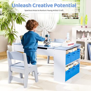 Дитячий стіл MAMIZO з 2 стільцями: дерев'яний стіл для ігор з місцем для зберігання, комплект меблів для дітей, стіл для малювання та рукоділля, від 3 років (блакитний)