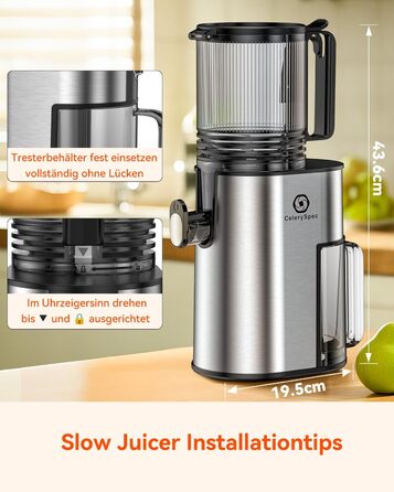 Шовковий відцентровий соковичавник - переможець тесту, для цілих овочів та фруктів, 130 мм завантажувальний отвір, 1.8л, BPA-free, 250W, функція зворотного ходу, легке очищення, нержавіюча сталь, чорний