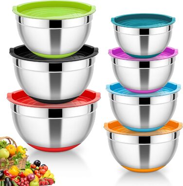Набір мисок HaWare 7 шт. з нержавіючої сталі з кришками, 6.5-0.7л, кольорові, з силіконовим дном