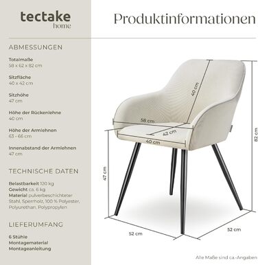 Тектейк® 4X Крісло для їдальні з підлокітниками, оббивка Cord, Lounge-крісло, для вітальні, кухні, офісу - (Набір 6 шт., Кремовий/Чорний)