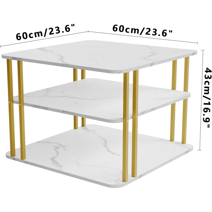 Столик журнальний GOLDFAN квадратний, золотистий металевий, 3 полиці, білий, 60x60x43см