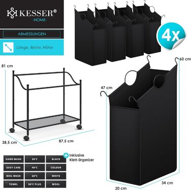 Кошик для білизни KESSER з 4 знімними мішками для сортування | 4 відділення по 35 літрів | Чорний кошик для білизни з колесами та гальмами