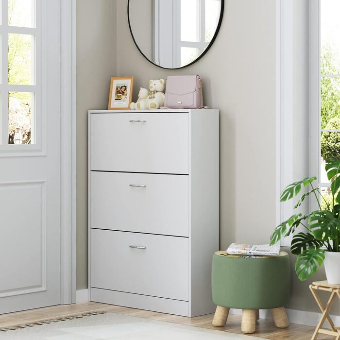 Вузька шафа для взуття FirFurd біла, з 3 відкидними ящиками, економна для 12-24 пар, висока комода для прихожей, коридору, входу. Дерев'яна шафа для взуття 110x80x23.5 см