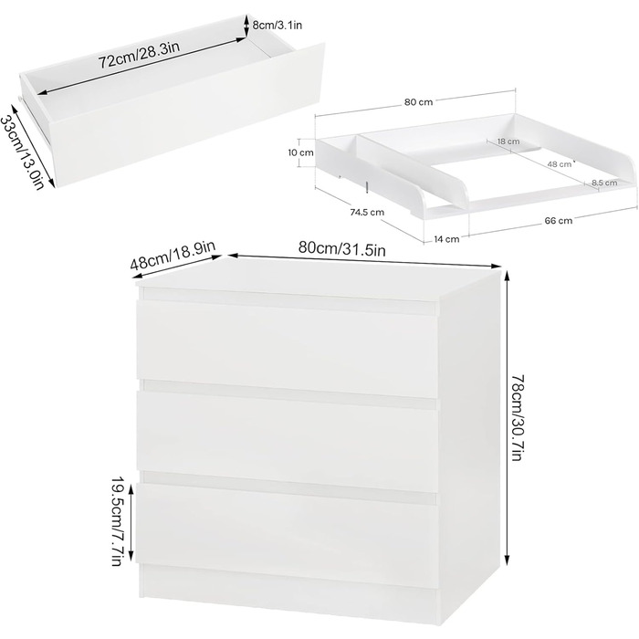 Комод-пеленальник WOLTU з пеленальним столиком, 3 висувні ящики, захист від перекидання, 86 см, білий
