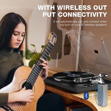 Вініловий програвач із ремінним приводом, Bluetooth, 33/45 об/хв, з фонокоректором, магнітною голівкою, противагою, бездротовий вихід, чорний