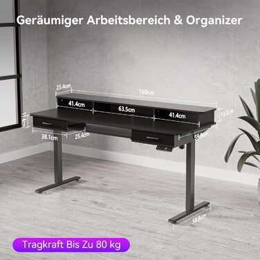 Регульований за висотою стіл Höfer з підставкою для клавіатури, 160x60 см. Стіл для комп'ютера з 2 шухлядами, підставка для монітора для дому/офісу, чорний 160 x 60 см