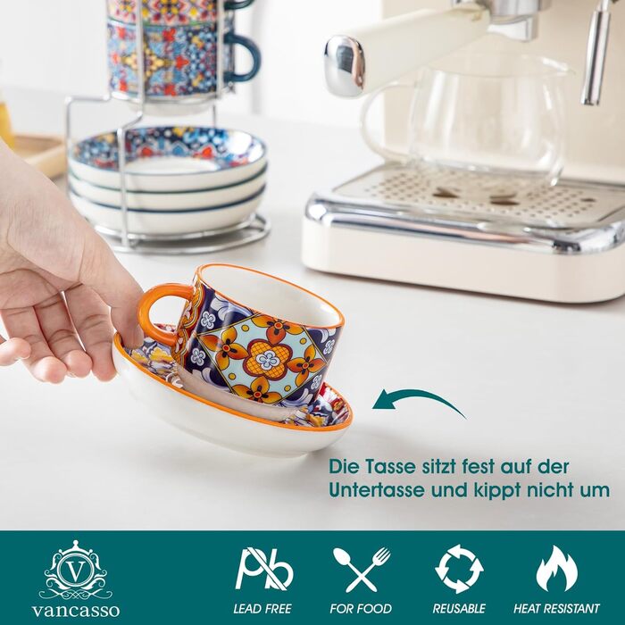 Набір чашок для еспресо Vancasso 4 шт., 150 мл, SIMI, з підставками та стійкою, керамічні, для капучино, еспресо, лате