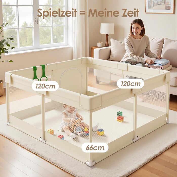 Манеж дитячий Fodoss бежевий 120x120 см для немовлят та малюків, сітчастий, безпечний для дому