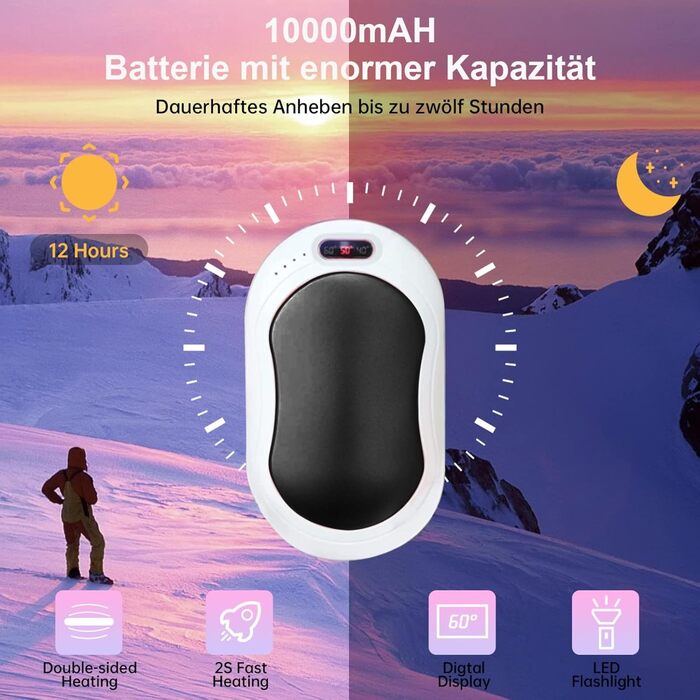 Електричний грілка для рук USB з акумулятором 10000mAh, 3 режими температури, для жінок та чоловіків, Outdoor, чорний