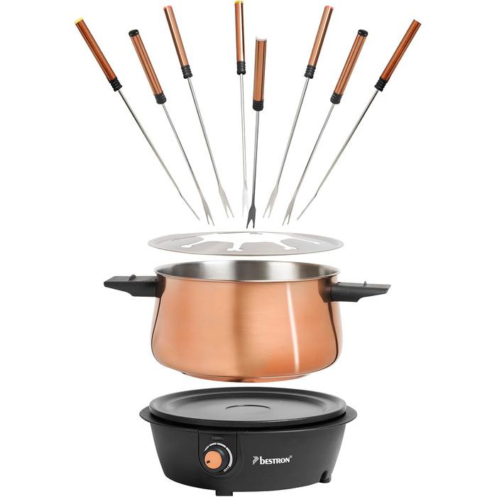 Електричний Фондю набір Bestron для 8 осіб з 8 виделок, термостат, сплітцшзахист, колір: мідний