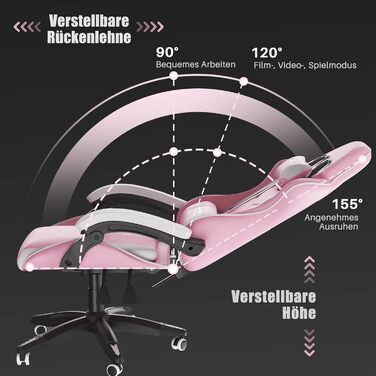 Ігровий крісло Bigzzia Ergonomiczne - ігровий сідло з подушкою для попереку та підголівником, 90-135° спинка, ігровий стілець для ПК, геймерський стілець для дорослих, дівчаток та хлопців, рожево-білий
