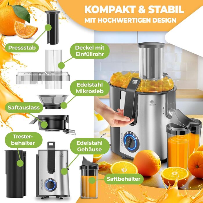 Електрична соковитискачка KESSER® Zentrifuge з нержавіючої сталі, 1100W, велика трубка для завантаження, 3 швидкості, сірий/сріблястий колір