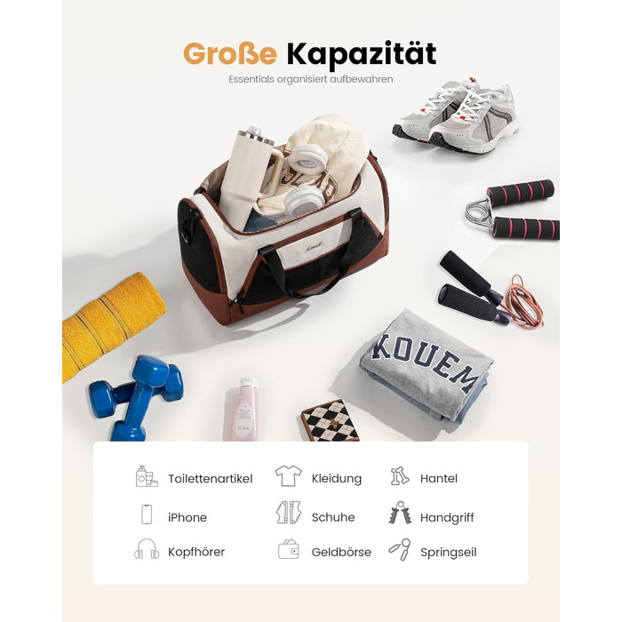 Спортивна сумка LOVEVOOK для жінок, 30л з відділенням для взуття та мокрих речей, невелика сумка для спортзалу, плавання, сауни, ручної поклажі для спорту, фітнесу, тренувань та подорожей, водонепроникна дорожня сумка-мішок (B-бежевий, коричневий, чорний,