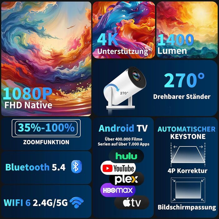 Портативний проєктор Mini Beamer 4K Full HD 1080P з 5G WiFi 6, Bluetooth 5.4, автоматичною корекцією трапецеїдальних спотворень, поворотом 270°, підтримкою USB/Laptop/PC, з пультом та мишкою. Чорний (Білий)