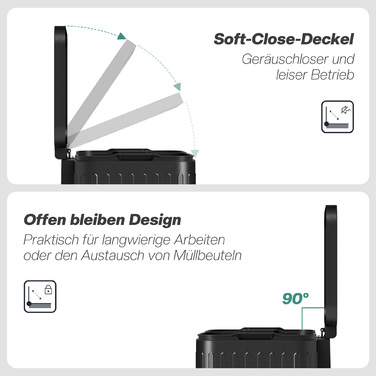 Відро для сміття з роздільними відсіками, 2 відсіки по 20 літрів, ефективне сортування сміття, з педальним механізмом, матеріал: пластик та метал, колір: чорний