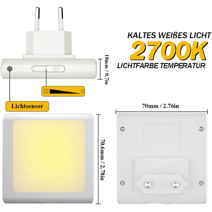 Нічник у розетку з датчиком сутінків, 【2 шт】 Регульована яскравість для дитячої кімнати, спальні, кухні, коридору, сходи, гаража, 2700K тепле біле світло