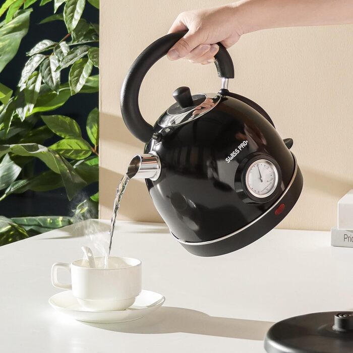 Чайник з нержавіючої сталі Ретро - 2200 Вт - Електричний чайник - Чайник чорний - Знімний фільтр - 1,8 л