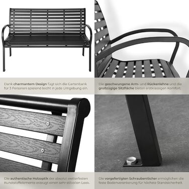 Садова лавка Tectake 3-місна преміум класу, для саду, тераси та балкона, витримує до 200 кг, 126x62x81.5 см, вологостійка дерев'яна лавка