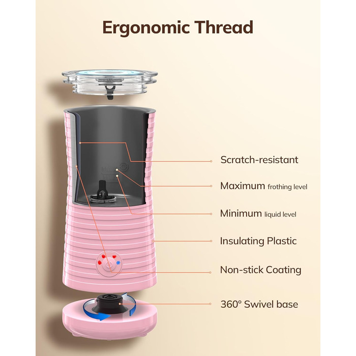 Morpilot Електричний спінювач молока 4-в-1, для лате, капучино, макіато (рожевий)