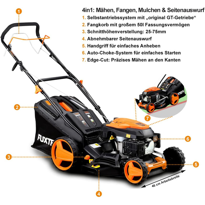 Бензиновий газонокосарка FUXTEC FX-RM4346 4-в-1 з приводом на задні колеса, ширина косіння 42 см, 46 см об'єм двигуна, 40л травоспікач