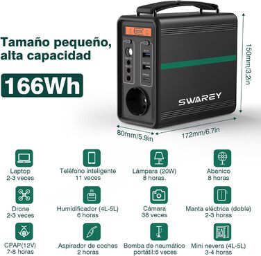 Портативна електростанція SWAREY 166 Втгод, 230 В змінного струму, 2 DC, USB-C PD 30 Вт, акумулятор LiFePO4, сонячний генератор S166