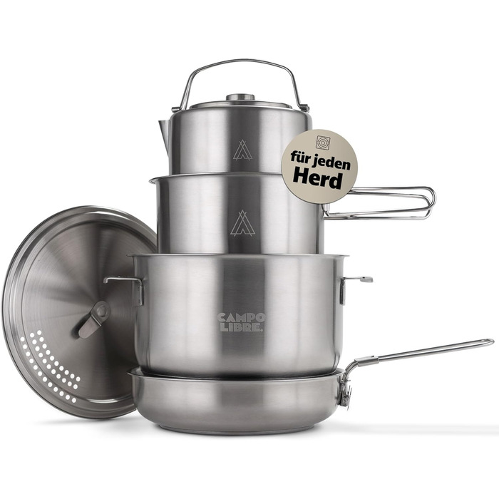 Набір кухонного посуду Campo Libre Enzo I з нержавіючої сталі для кемпінгу | 6 або 6-ти частинний | Індукційний | Посуд для кемпінгу
